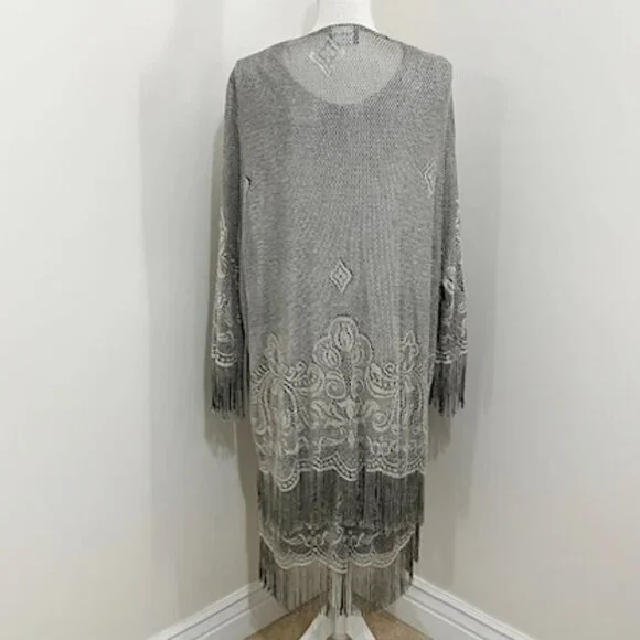 Onyx Nite Vintage Wendye Chaitin Silver Metallic Mesh Fringe Midi Dress & Duster - Picture 2 of 11